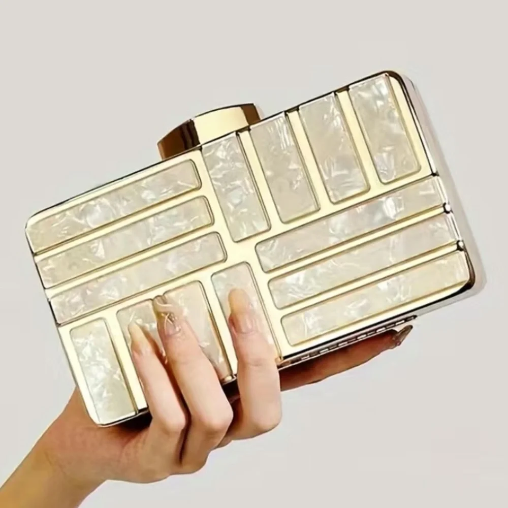 Pearlescent Rectangular Box Clutch in White and Silver